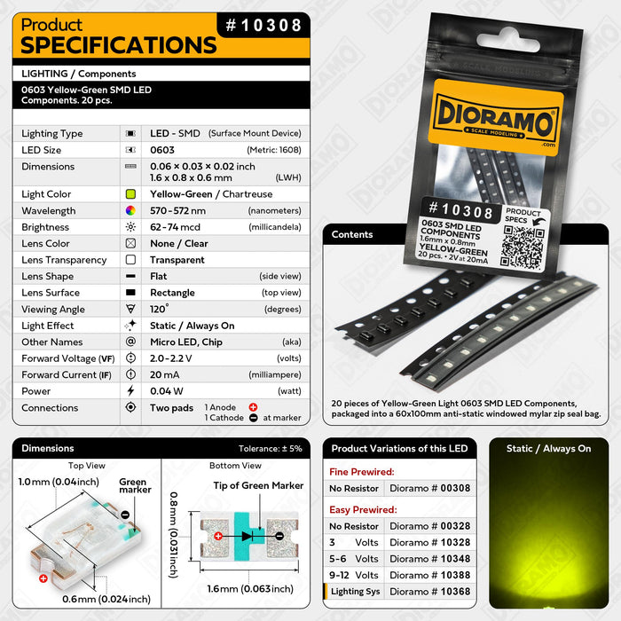 0603 Yellow-Green SMD LED Components. 20 pcs.