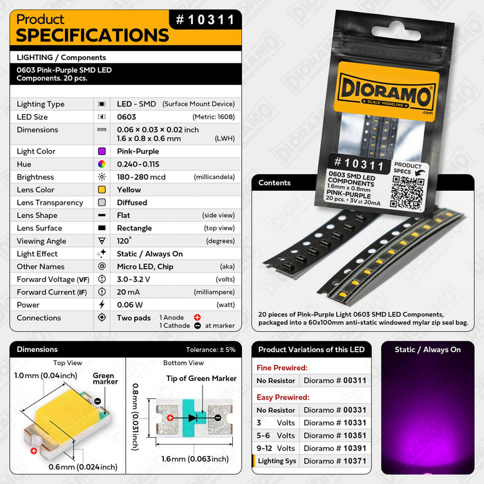0603 Pink-Purple SMD LED Components. 20 pcs.