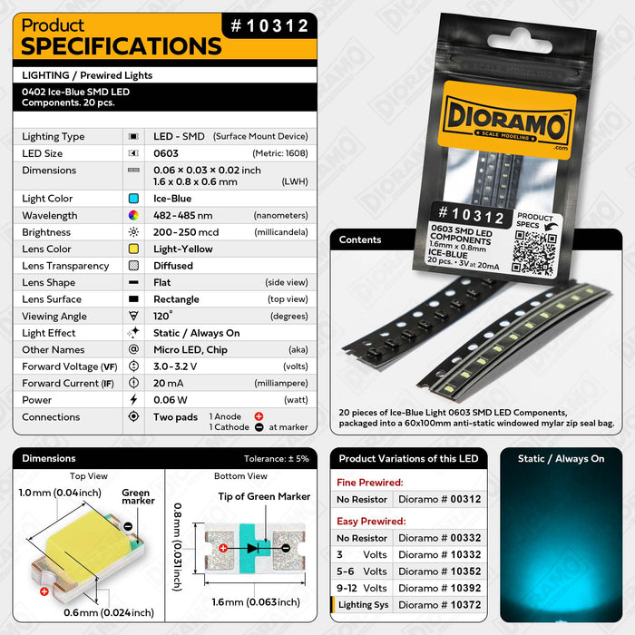 0603 Ice-Blue SMD LED Components. 20 pcs.