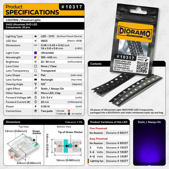 0603 Ultraviolet SMD LED Components. 20 pcs.