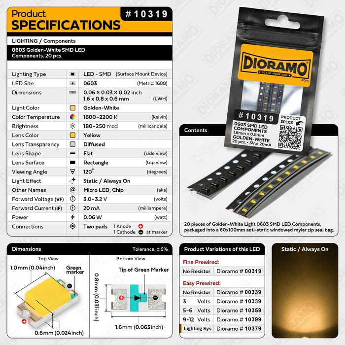 0603 Golden-White SMD LED Components. 20 pcs.
