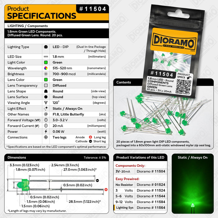 1.8mm Green LED Components. Diffused Green Lens. Round. 20 pcs.