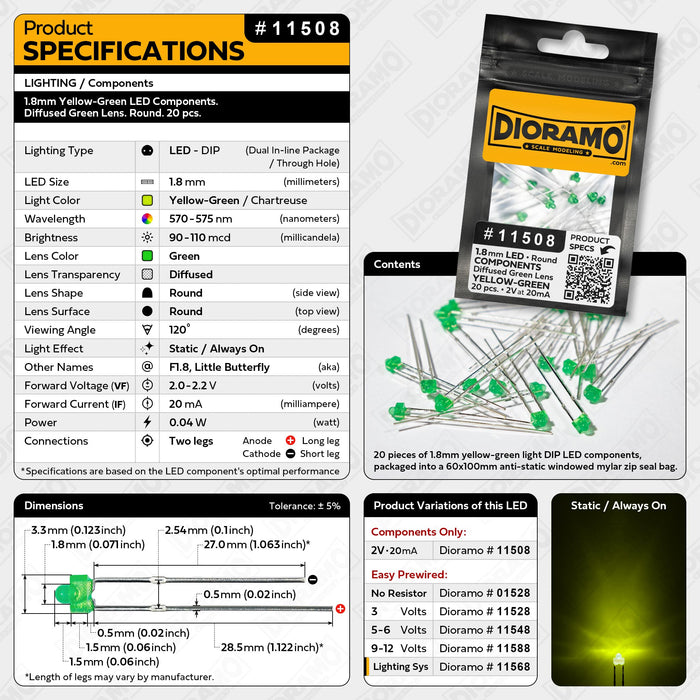1.8mm Yellow-Green LED Components. Diffused Green Lens. Round. 20 pcs.