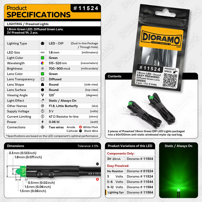 1.8mm Green LED. Diffused Green Lens. 3V Prewired 1ft. 2 pcs.