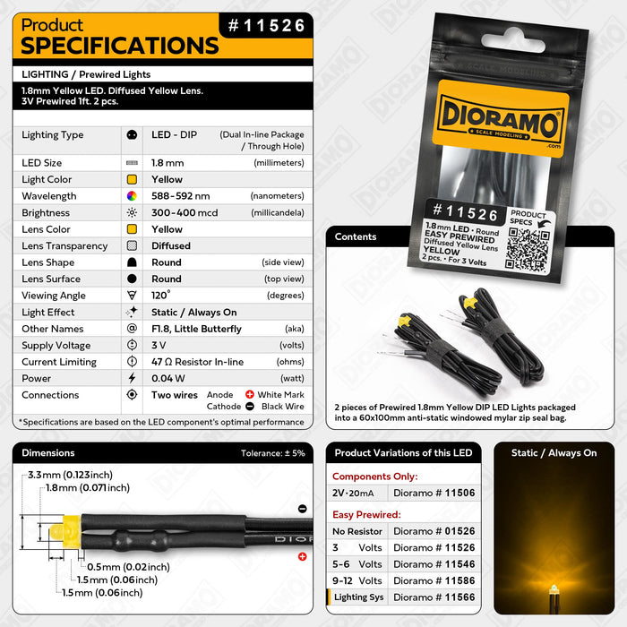 1.8mm Yellow LED. Diffused Yellow Lens. 3V Prewired 1ft. 2 pcs.