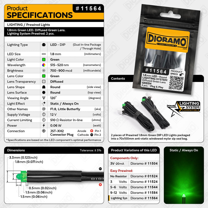 1.8mm Green LED. Diffused Green Lens. Lighting System Prewired. 2 pcs.
