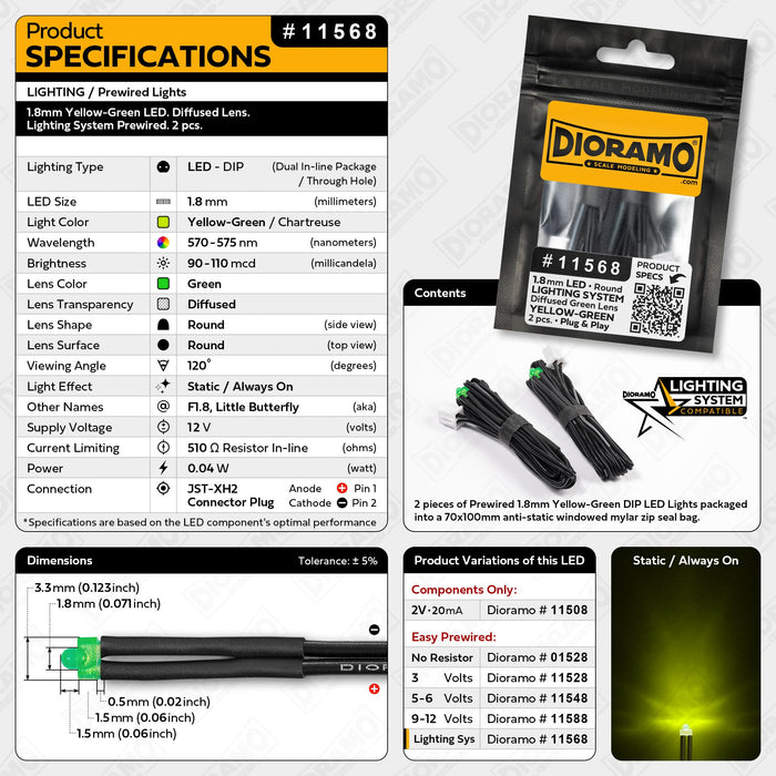 1.8mm Yellow-Green LED. Diffused Lens. Lighting System Prewired. 2 pcs
