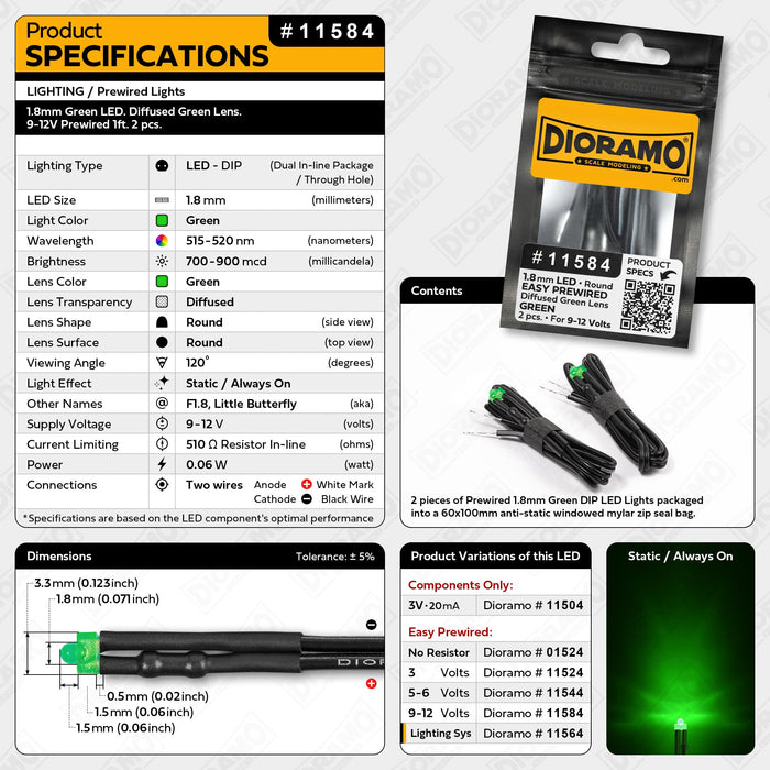 1.8mm Green LED. Diffused Green Lens. 9-12V Prewired 1ft. 2 pcs.