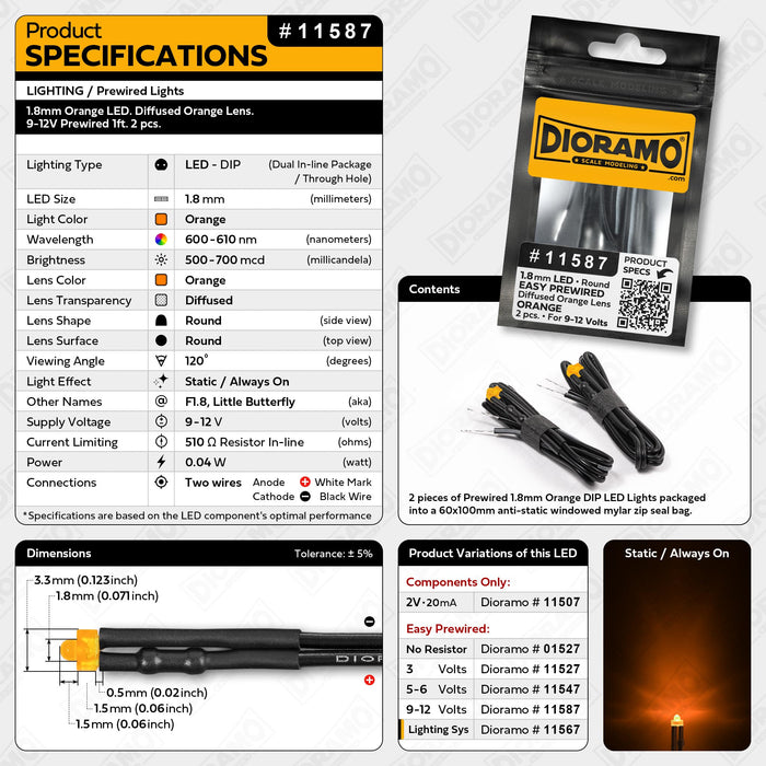 1.8mm Orange LED. Diffused Orange Lens. 9-12V Prewired 1ft. 2 pcs.