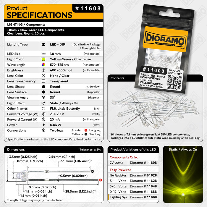 1.8mm Yellow-Green LED Components. Clear Lens. Round. 20 pcs.