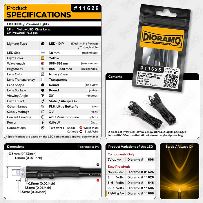 1.8mm Yellow LED. Clear Lens. 3V Prewired 1ft. 2 pcs.