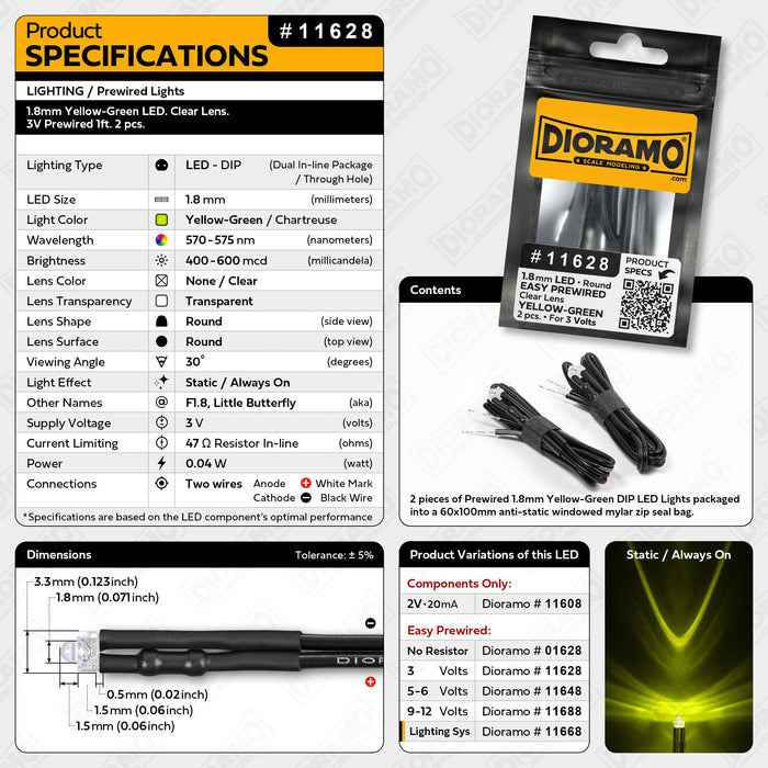 1.8mm Yellow-Green LED. Clear Lens. 3V Prewired 1ft. 2 pcs.