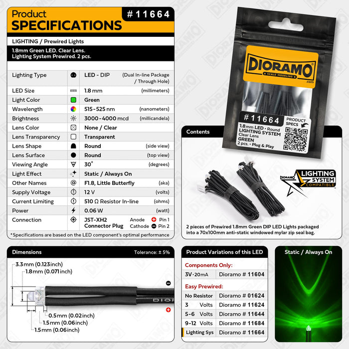 1.8mm Green LED. Clear Lens. Lighting System Prewired. 2 pcs.