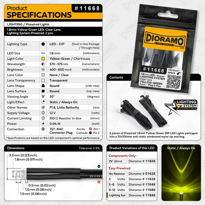 1.8mm Yellow-Green LED. Clear Lens. Lighting System Prewired. 2 pcs.