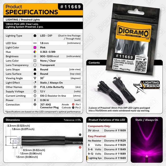 1.8mm Pink LED. Clear Lens. Lighting System Prewired. 2 pcs.