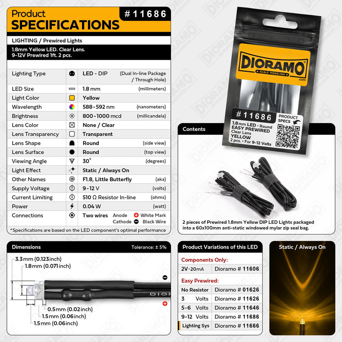 1.8mm Yellow LED. Clear Lens. 9-12V Prewired 1ft. 2 pcs.