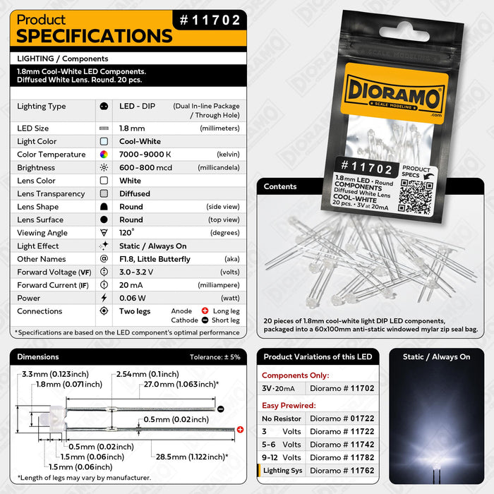 1.8mm Cool-White LED Components. Diffused White Lens. Round. 20 pcs.