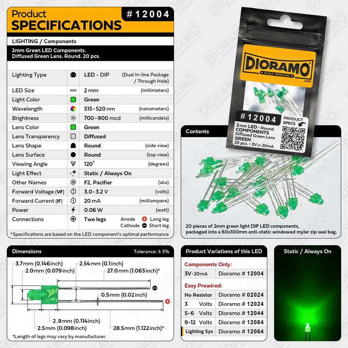 2mm Green LED Components. Diffused Green Lens. Round. 20 pcs.
