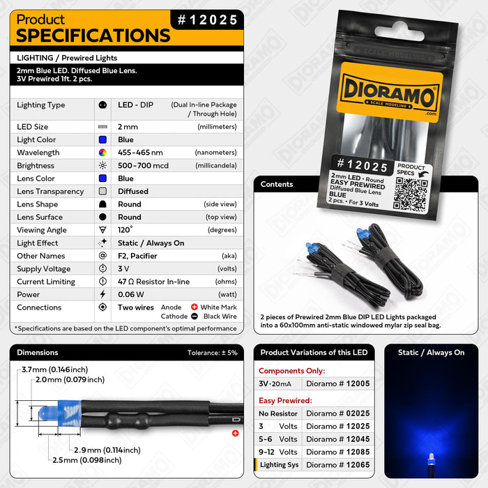 2mm Blue LED. Diffused Blue Lens. 3V Prewired 1ft. 2 pcs.