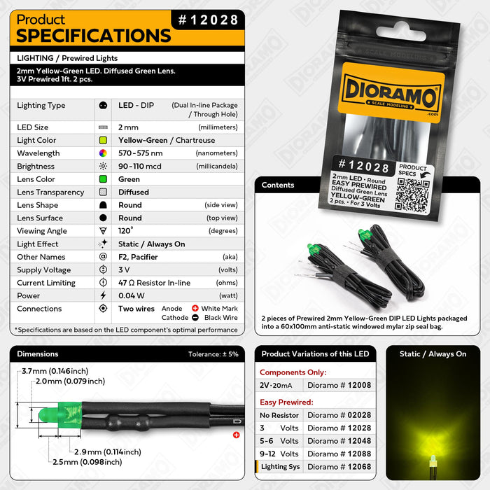2mm Yellow-Green LED. Diffused Green Lens. 3V Prewired 1ft. 2 pcs.