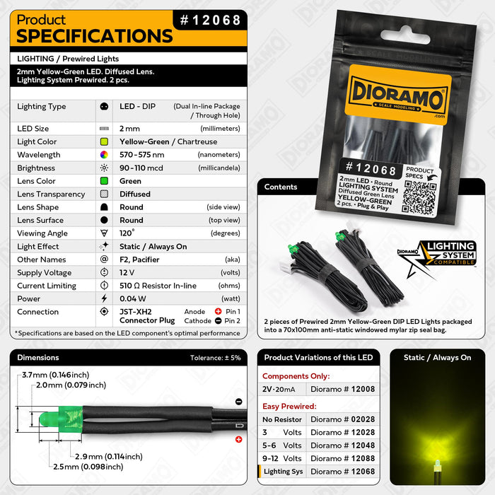 2mm Yellow-Green LED. Diffused Lens. Lighting System Prewired. 2 pcs.