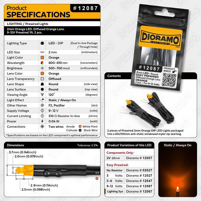 2mm Orange LED. Diffused Orange Lens. 9-12V Prewired 1ft. 2 pcs.
