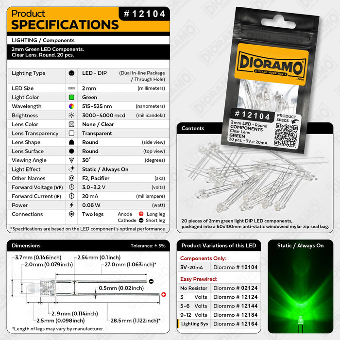 2mm Green LED Components. Clear Lens. Round. 20 pcs.