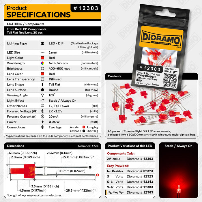 2mm Red LED Components. Tall Flat Red Lens. 20 pcs.