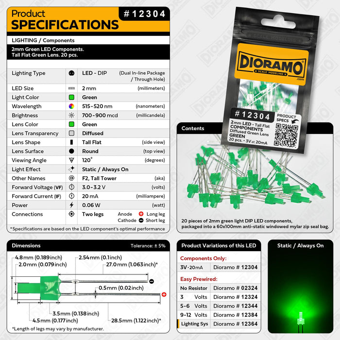 2mm Green LED Components. Tall Flat Green Lens. 20 pcs.