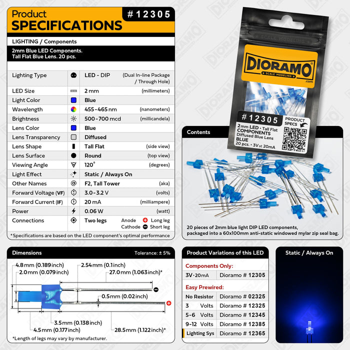 2mm Blue LED Components. Tall Flat Blue Lens. 20 pcs.