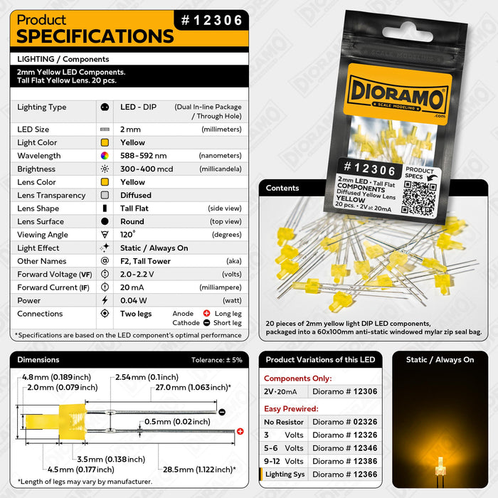 2mm Yellow LED Components. Tall Flat Yellow Lens. 20 pcs.