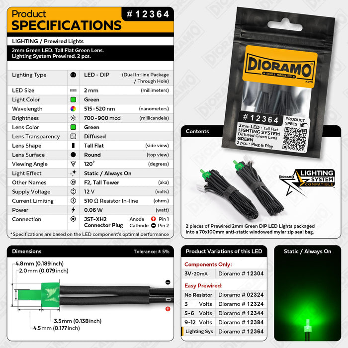 2mm Green LED. Tall Flat Green Lens. Lighting System Prewired. 2 pcs.