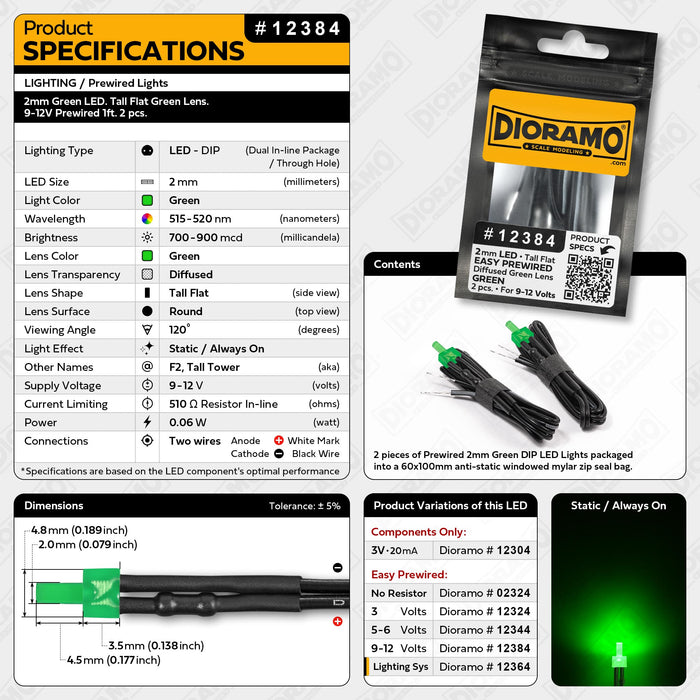 2mm Green LED. Tall Flat Green Lens. 9-12V Prewired 1ft. 2 pcs.