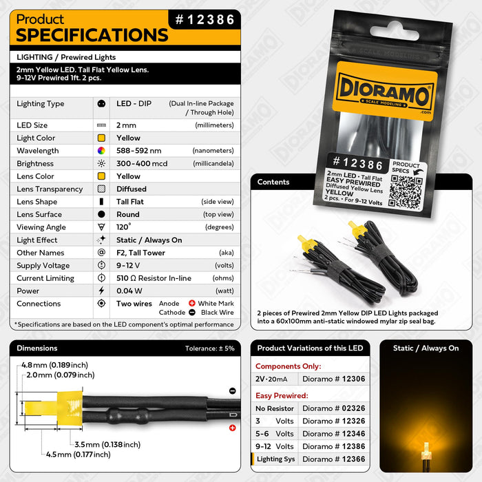 2mm Yellow LED. Tall Flat Yellow Lens. 9-12V Prewired 1ft. 2 pcs.