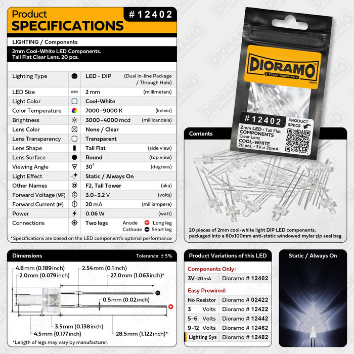 2mm Cool-White LED Components. Tall Flat Clear Lens. 20 pcs.