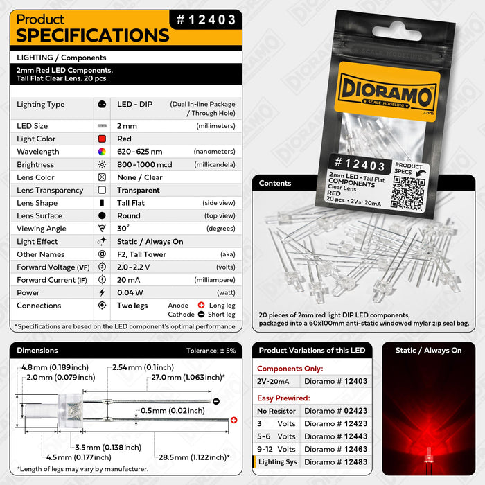 2mm Red LED Components. Tall Flat Clear Lens. 20 pcs.