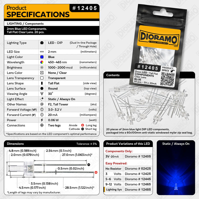 2mm Blue LED Components. Tall Flat Clear Lens. 20 pcs.