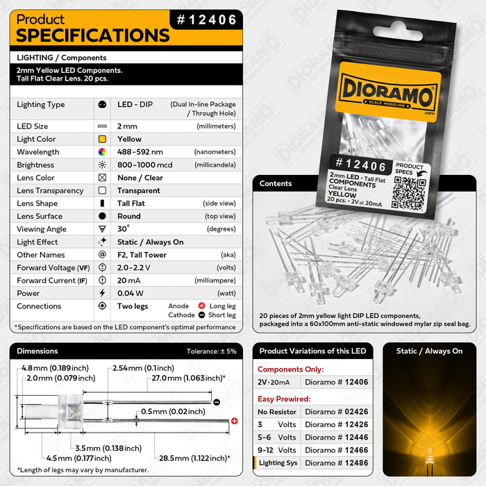 2mm Yellow LED Components. Tall Flat Clear Lens. 20 pcs.