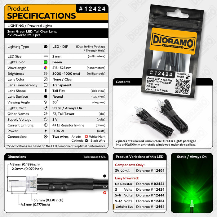 2mm Green LED. Tall Clear Lens. 3V Prewired 1ft. 2 pcs.