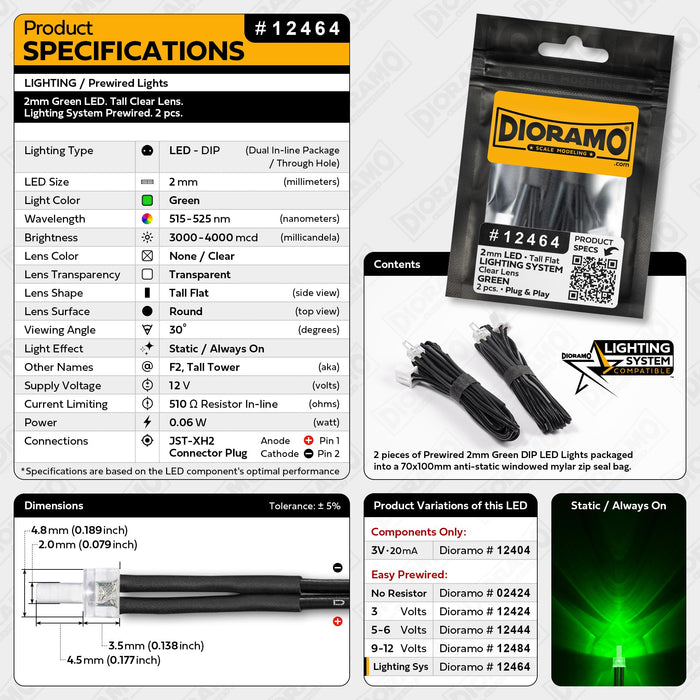 2mm Green LED. Tall Clear Lens. Lighting System Prewired. 2 pcs.