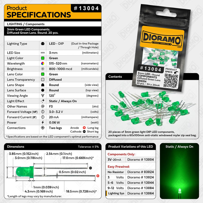3mm Green LED Components. Diffused Green Lens. Round. 20 pcs.