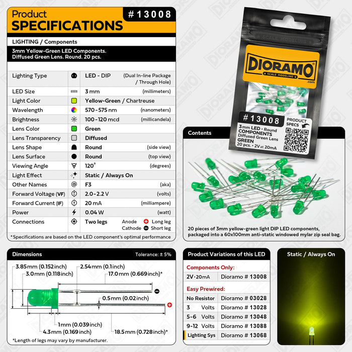 3mm Yellow-Green LED Components. Diffused Green Lens. Round. 20 pcs.