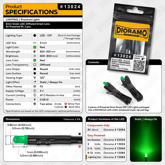 3mm Green LED. Diffused Green Lens. 3V Prewired 1ft. 2 pcs.