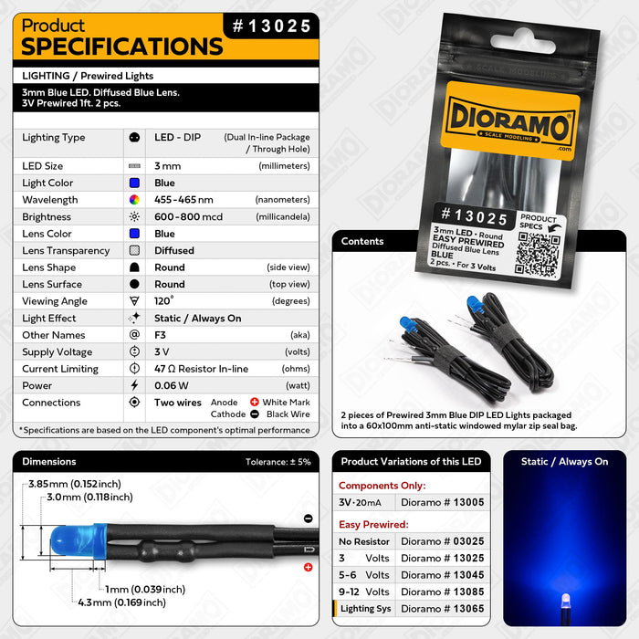 3mm Blue LED. Diffused Blue Lens. 3V Prewired 1ft. 2 pcs.