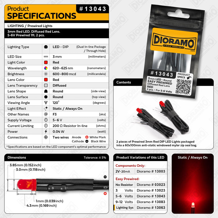 3mm Red LED. Diffused Red Lens. 5-6V Prewired 1ft. 2 pcs.