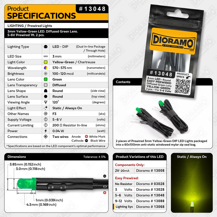 3mm Yellow-Green LED. Diffused Green Lens. 5-6V Prewired 1ft. 2 pcs.