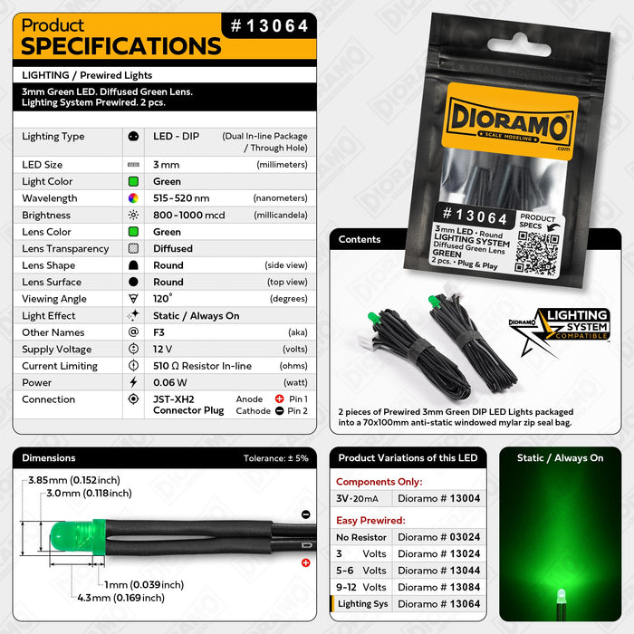 3mm Green LED. Diffused Green Lens. Lighting System Prewired. 2 pcs.