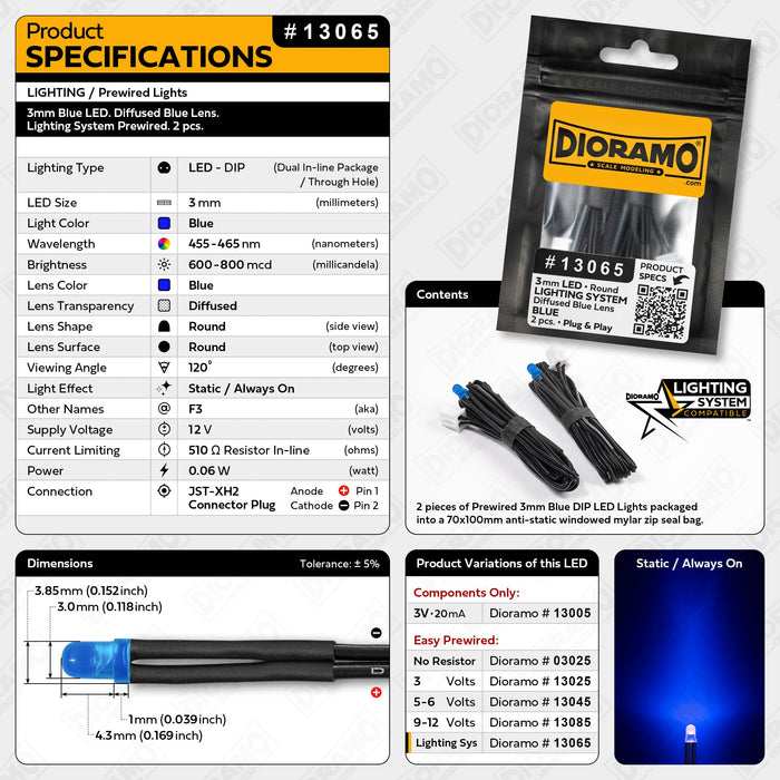 3mm Blue LED. Diffused Blue Lens. Lighting System Prewired. 2 pcs.