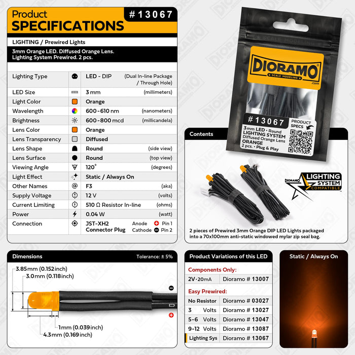3mm Orange LED. Diffused Orange Lens. Lighting System Prewired. 2pcs.