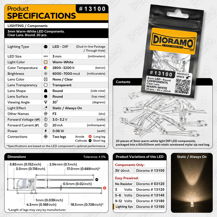 3mm Warm-White LED Components. Clear Lens. Round. 20 pcs.